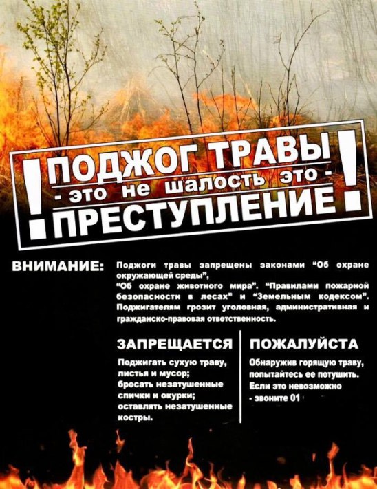 Согласно Постановления Правительства Ульяновской области № 117-П от 19 марта 2025 г. на территории Ульяновской области в период с 01 апреля 2025г. по 31 октября 2025г. объявлен весенне-летний пожароопасный сезон!.